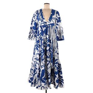 LA DoubleJ Jennifer Jane Maxi Dress Marea Blu in Cotton Poplin Size L Blue White